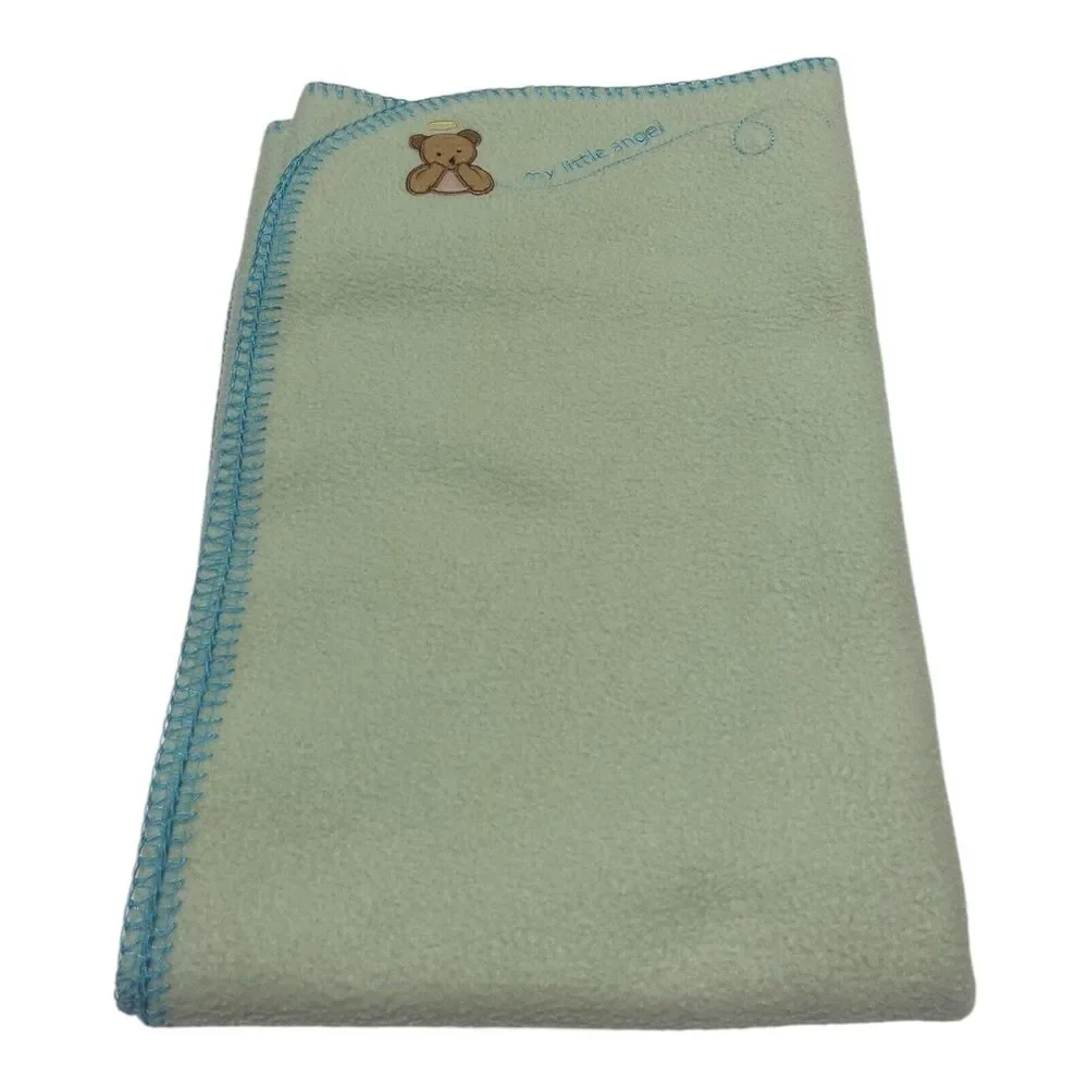 “My Little Angel” Bear Halo Green Blue Baby Blanket